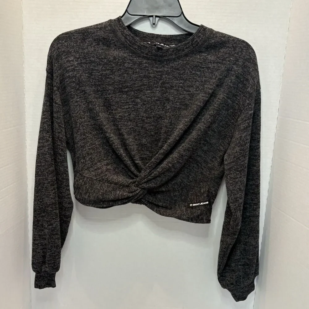DKNY Women’s Knit Long Sleeve Front Tie Crop Top Size XXS Black